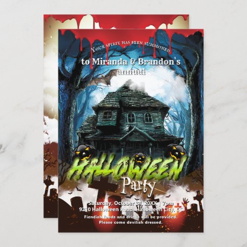 Spooky Haunted House and Pumpkins Halloween Party Invitation
