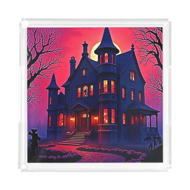 Spooky Haunted House at Dusk Design Acrylic Tray (Front)