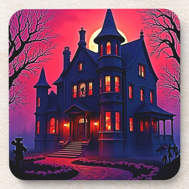 Spooky Haunted House at Dusk Design Beverage Coaster (Front)