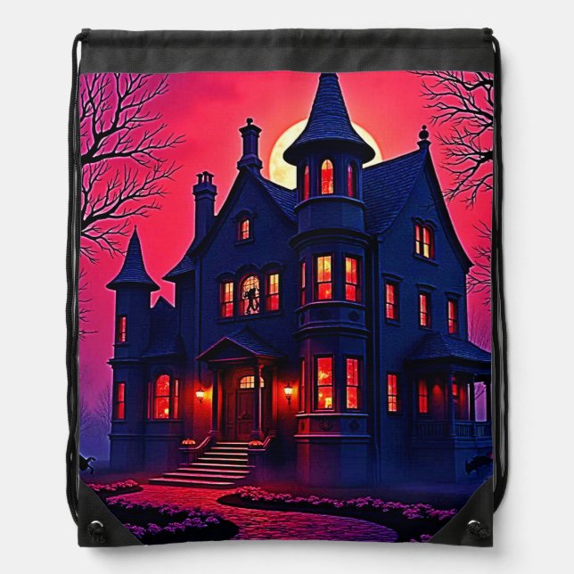 Spooky Haunted House at Dusk Design Drawstring Bag (Front)
