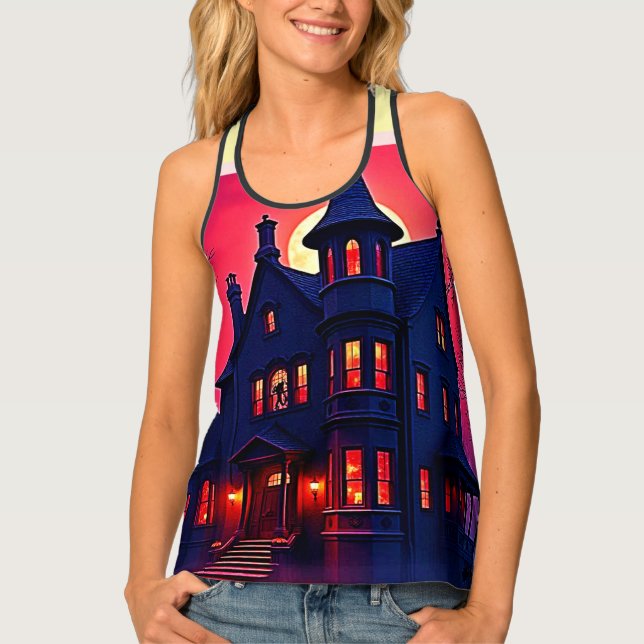 Spooky Haunted House at Dusk Design Tank Top (Front)