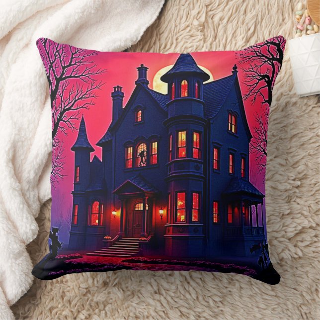 Spooky Haunted House at Dusk Design Throw Pillow (Blanket)