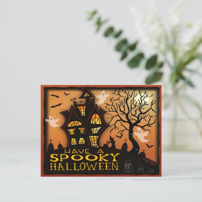  Spooky Haunted House Bats Ghosts Halloween Postcard (Standing Front)