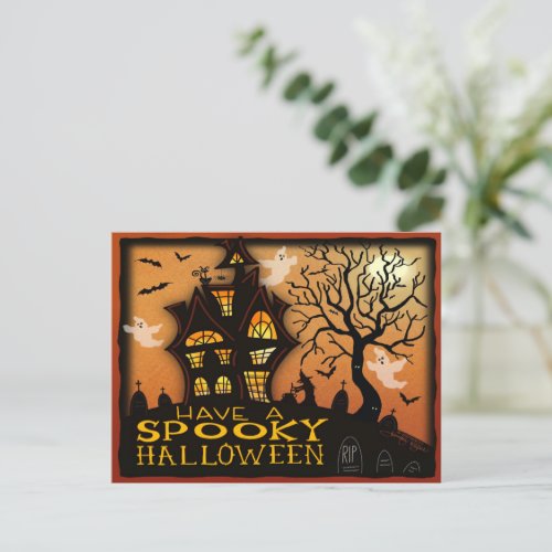  Spooky Haunted House Bats Ghosts Halloween Postcard