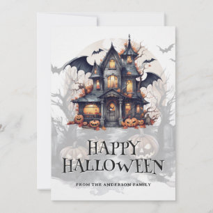 Spooky Haunted House Bats Pumpkins Halloween Holiday Card