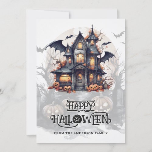 Spooky Haunted House Bats Pumpkins Halloween Holiday Card