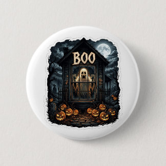 Spooky Haunted House BOO Ghost in Window Button