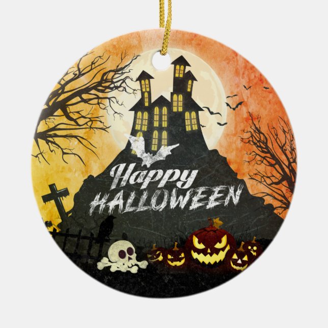 Spooky Haunted House Costume Night Sky Halloween Ceramic Ornament (Front)