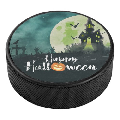 Spooky Haunted House Costume Night Sky Halloween Hockey Puck