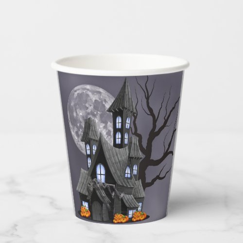 Spooky Haunted House Full Moon Halloween Paper Cups