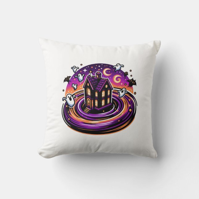 Spooky Haunted House Halloween Cute Ghosts & Bats Throw Pillow (Front)