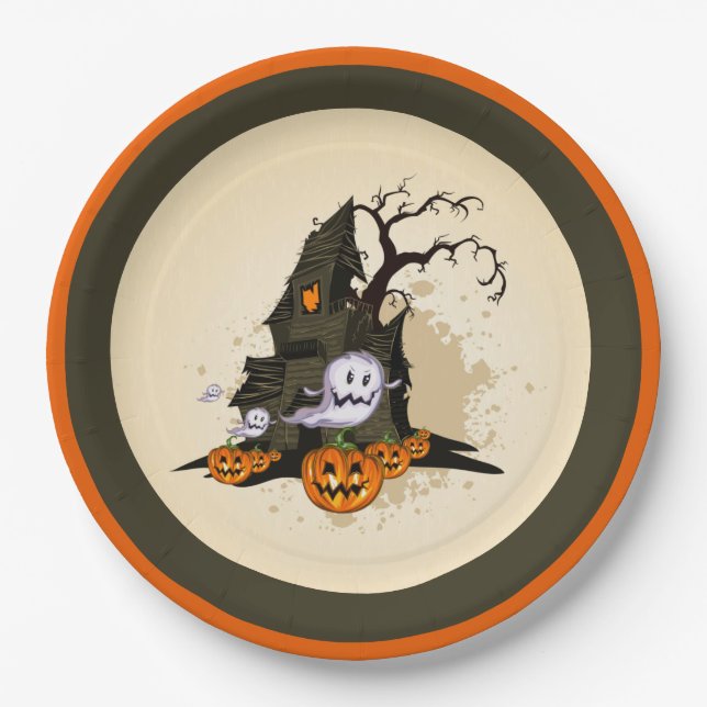 Spooky Haunted House Halloween Paper Plates (Front)
