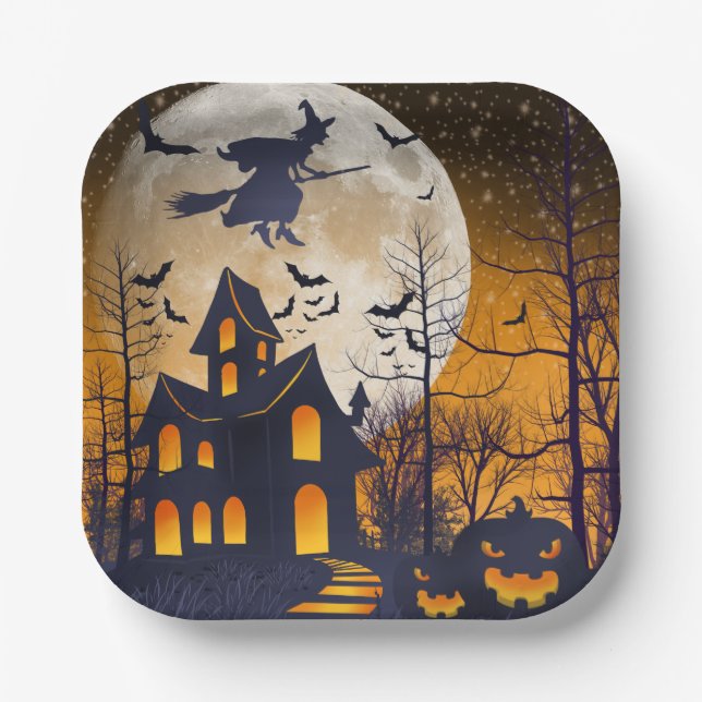 Spooky Haunted House Halloween Paper Plates (Front)