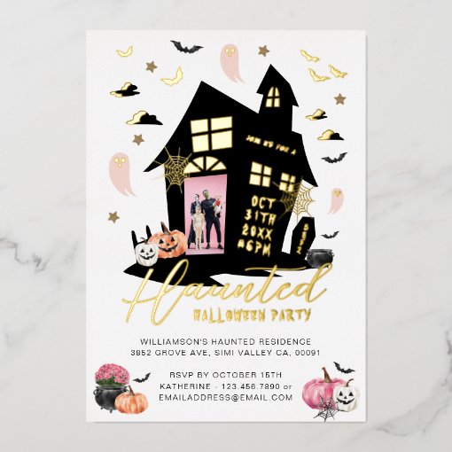 Spooky Haunted House Halloween Party Custom Photo Foil Invitation | Zazzle