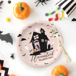 Spooky Haunted House Halloween Party Custom Photo  Paper Plates<br><div class="desc">Fun Halloween theme party paper plates. Our design features a spooky house with a door featuring a photo placeholder to display your own Halloween family photo. Flying black bats and pink spooky ghosts further enhance the Halloween theme. Halloween paper plates feature bats, windows, ghosts, clouds, and text for a truly...</div>