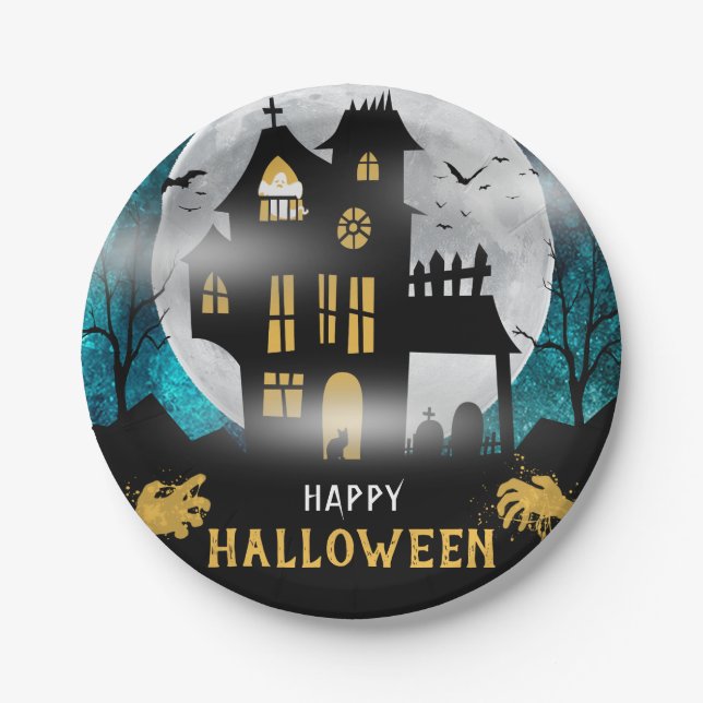 Spooky Haunted House Halloween Party Paper Plates (Front)