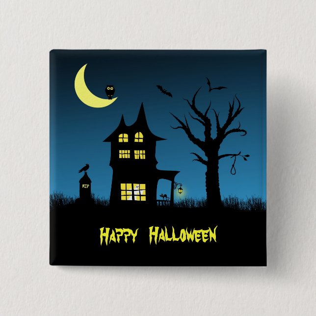 Spooky Haunted House Halloween Pinback Button (Front)