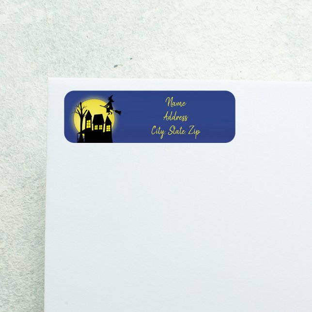 Spooky Haunted House Halloween Return Address Label (Spooky Halloween return address label with haunted house and flying witch.)