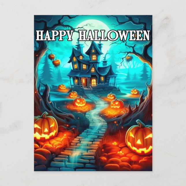 Spooky Haunted House Happy Halloween Postcard (Front)
