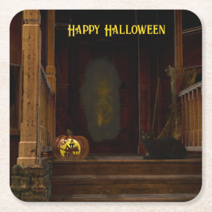 Spooky Haunted House Porch Square Paper Coaster