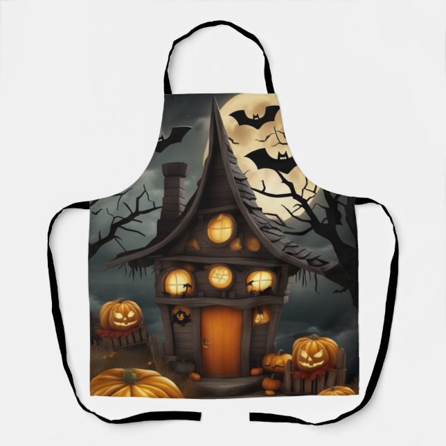 Spooky Haunted House Pumpkin Moon Halloween Apron (Front)