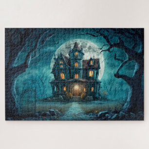 Spooky Haunted House Under A Full Moon Jigsaw Puzzle