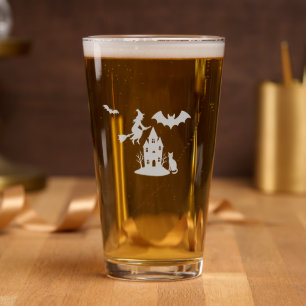 Spooky Haunted House & Witch Silhouette    Pint Glass