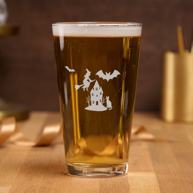 Spooky Haunted House & Witch Silhouette |  Pint Glass (Party)