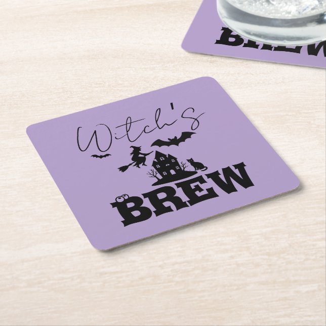 Spooky Haunted House & Witch Silhouette |  Square Paper Coaster (Angled)