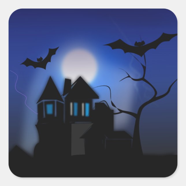 Spooky Haunted House with Full Moon Square Sticker (Front)