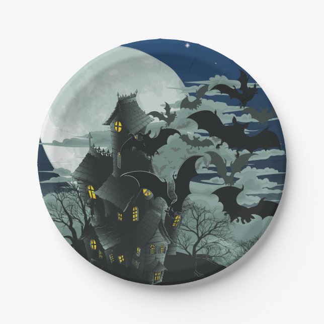 Spooky Haunted Mansion Bats Full Moon Paper Plates (Front)