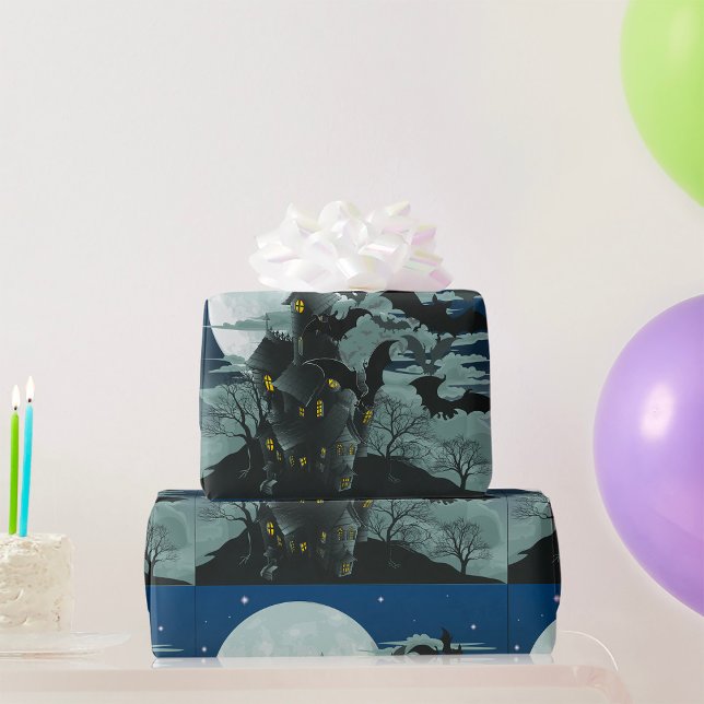 Spooky Haunted Mansion Bats Full Moon Wrapping Paper (Creator Uploaded)