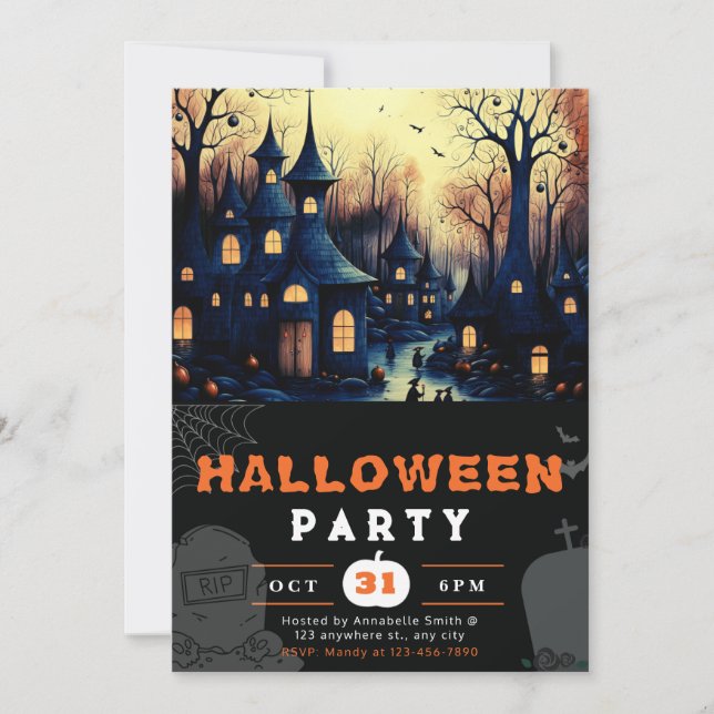 Spooky Haunted Town Houses Pumpkins Halloween Invitation (Front)
