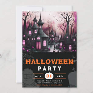 Spooky Haunted Town Houses Pumpkins Halloween Invitation