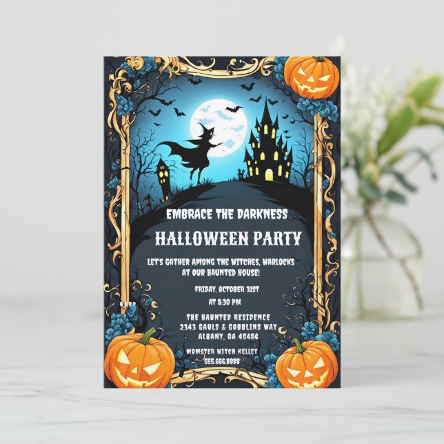 Spooky Haunted Witch House Halloween Party Invitation (Standing Front)