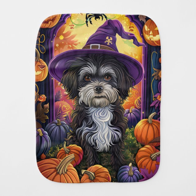 Spooky Havanese Dog Halloween Witch And Pumpkin Baby Burp Cloth (Front)