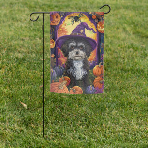 Spooky Havanese Dog Halloween Witch And Pumpkin Garden Flag