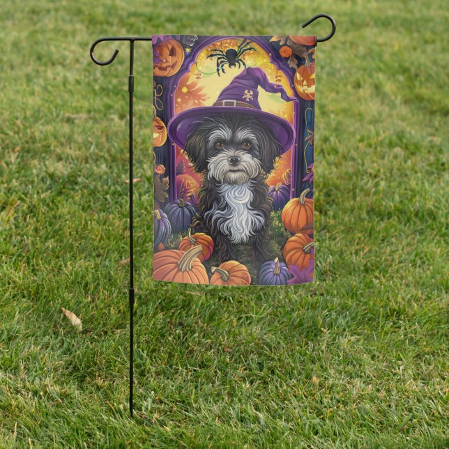 Spooky Havanese Dog Halloween Witch And Pumpkin Garden Flag (In SItu)
