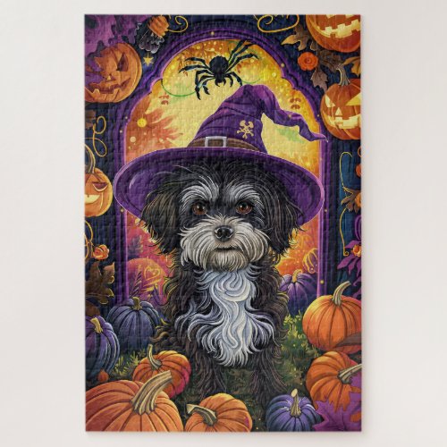 Spooky Havanese Dog Halloween Witch And Pumpkin Jigsaw Puzzle