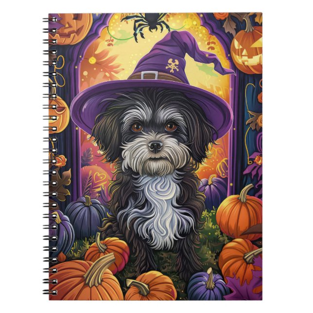 Spooky Havanese Dog Halloween Witch And Pumpkin Notebook (Front)