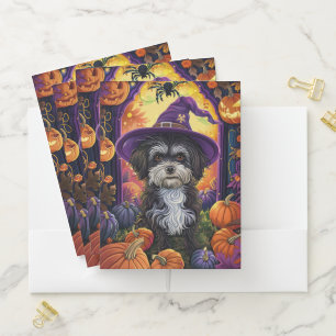 Spooky Havanese Dog Halloween Witch And Pumpkin Pocket Folder