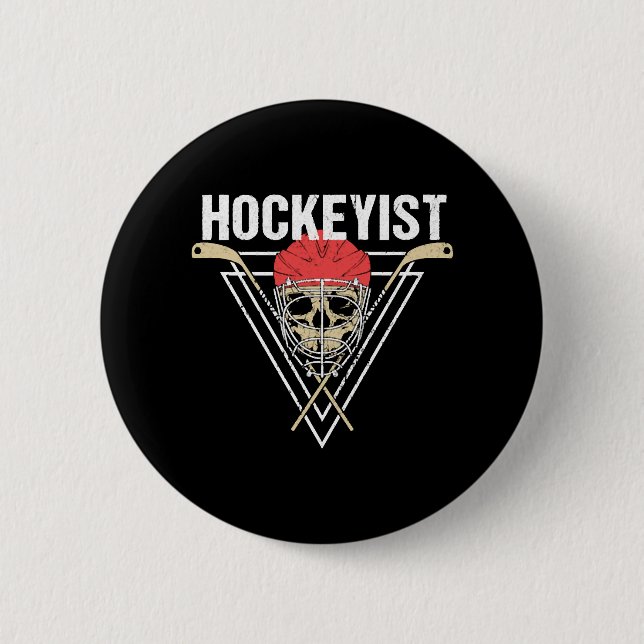 Spooky Hockey Player Enforcer Halloween Skull Bone Button (Front)