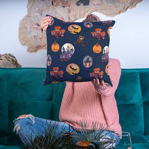 Spooky House Cute Little Witch Owl Moon Halloween  Throw Pillow