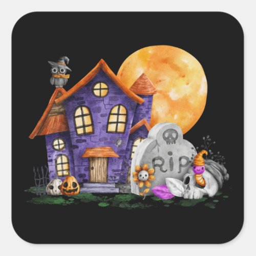 Spooky House Full Moon Gravestone Halloween Square Sticker