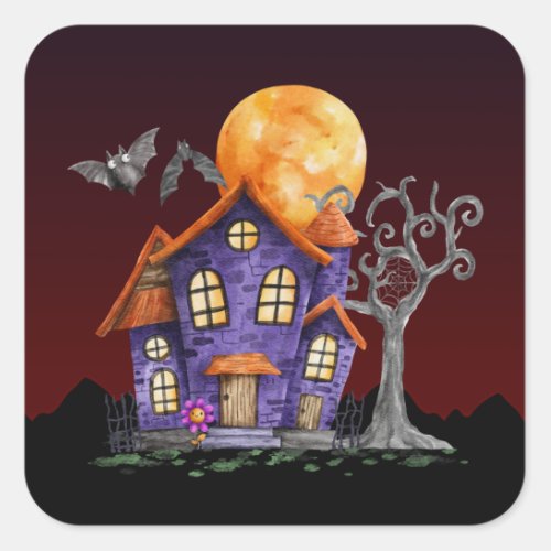 Spooky House Full Moon Halloween Square Sticker