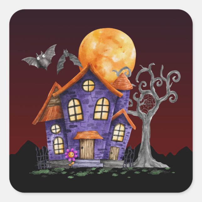 Spooky House Full Moon Halloween Square Sticker (Front)