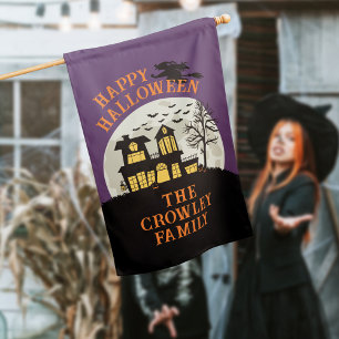 Spooky House Full Moon Purple Happy Halloween House Flag