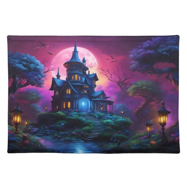 Spooky House on Halloween Hill Cloth Placemat (Front)