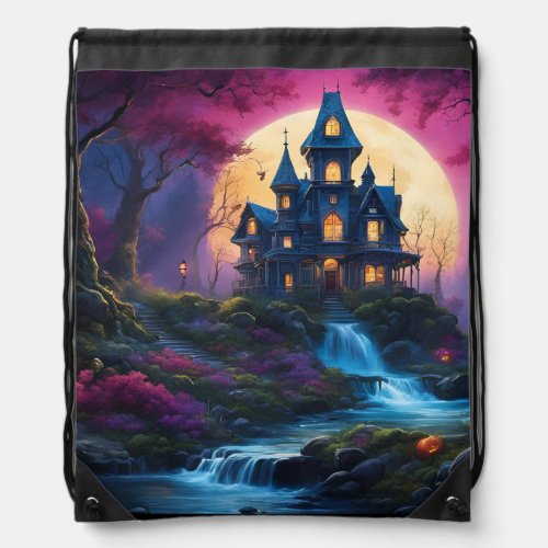 Spooky House on Halloween Hill Drawstring Bag