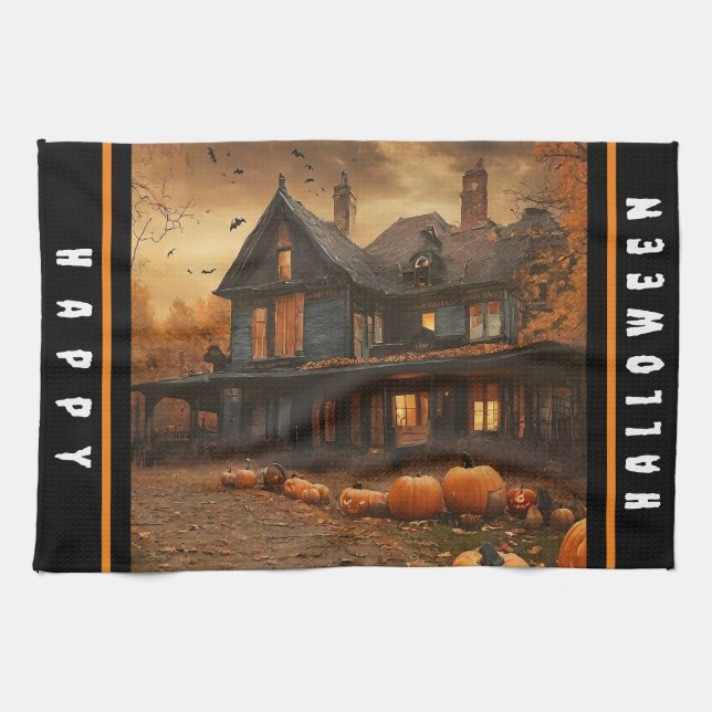 Spooky House Pumpkin Halloween Collection Kitchen Towel (Horizontal)